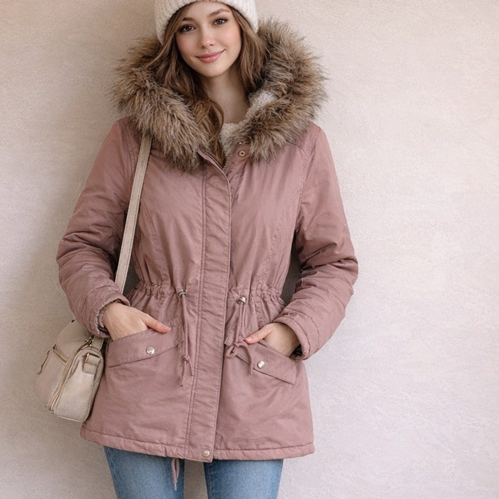 NEW H&M Coat with hood | insulated | faux fur |brown tan | hood removable | Sz 6